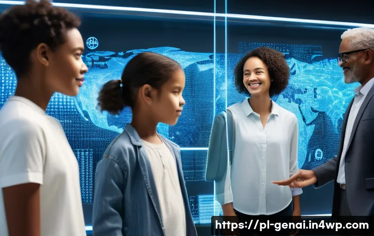 AI의 윤리적 평가 및 인증 - **Prompt:** "A diverse group of adults and children (all fully clothed in casual, modern attire) int...