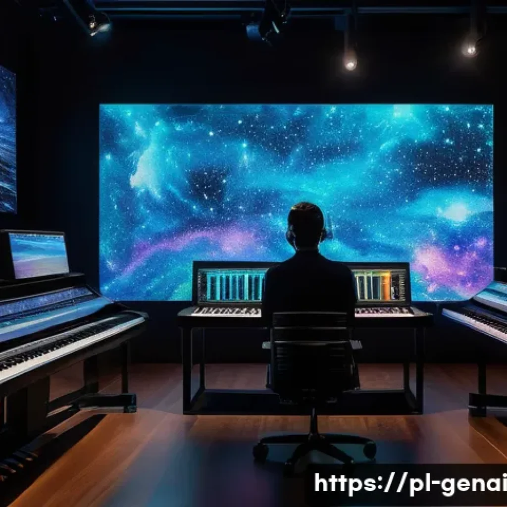 AI와 인간의 창의성 경계 - A futuristic digital art studio filled with holographic screens displaying AI-generated paintings an...