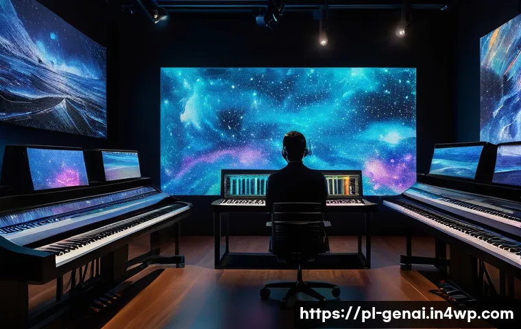 AI와 인간의 창의성 경계 - A futuristic digital art studio filled with holographic screens displaying AI-generated paintings an...