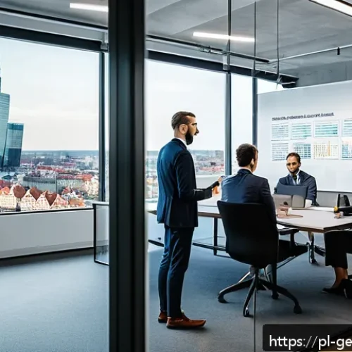 AI 기술 발전의 윤리적 비전 - A modern Polish fintech office environment with diverse professionals collaborating on AI ethics: a ...