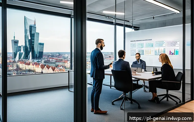 AI 기술 발전의 윤리적 비전 - A modern Polish fintech office environment with diverse professionals collaborating on AI ethics: a ...